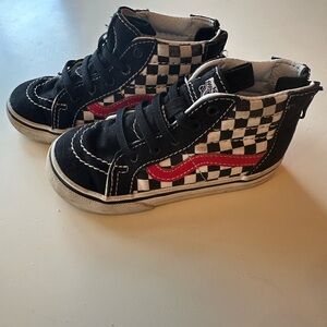 Vans Kids Black and White Checkered Sneakers with Red Stripe